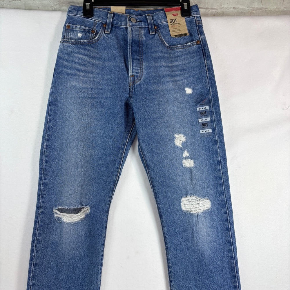 Levis 501 Original High Rise Straight Leg Distressed Jeans Blue 27x32 NEW